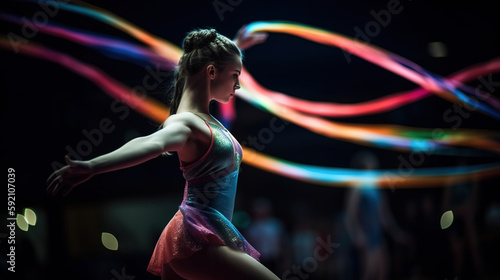 Rhythmic gymnast waving a coloured ribbon and making waves with it in the air in an acrobatic movement on a competition, Generative AI © Thumbs