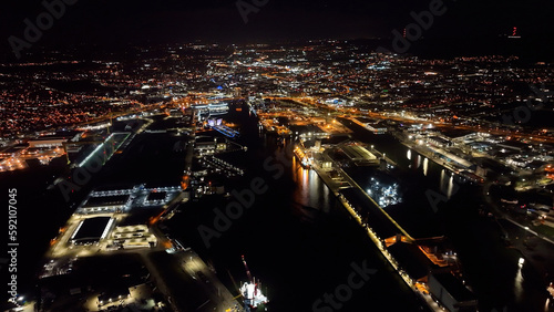 Photography Aerial view Nightscape of Belfast Harbour Skyline night Cityscape Northern Irela