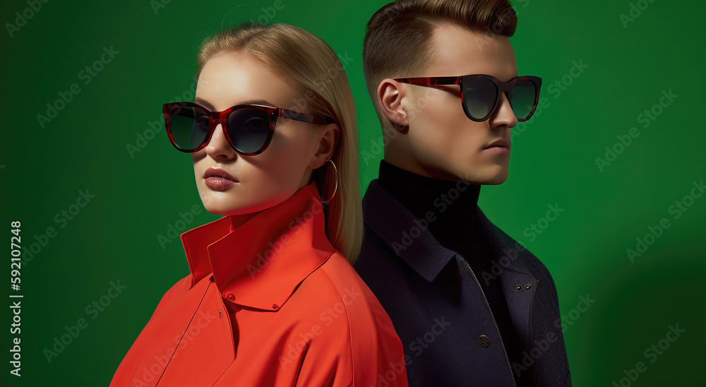 two elegant fashionable people in sunglasses. generative AI two elegant fashionable people in sunglasses. generative AI