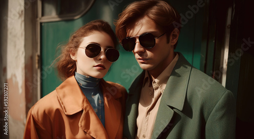 two elegant fashionable people in sunglasses. generative AI