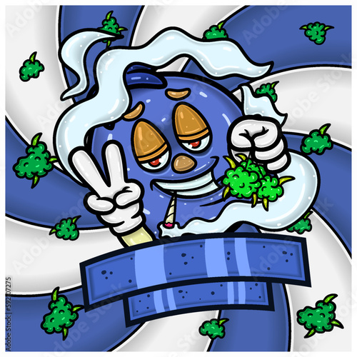 Blueberry Fruit Flavor Mascot Character Cartoon With Weed Bud Packaging Design. For Label, Packaging, Product, Cover and Branding.