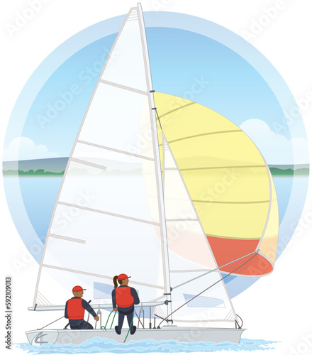 sailing female and male crew leaning out in a 470 dinghy sailboat with water and sky background in circle