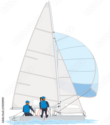 sailing female and male crew leaning out in a 470 dinghy sailboat isolated on white background
