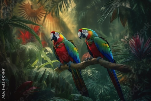 Colorful parrots in forest, generative ai