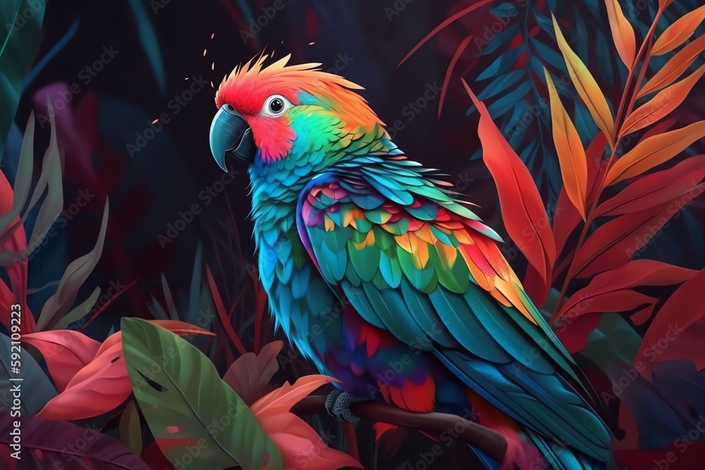 Fototapeta premium Colorful parrots in forest, generative ai