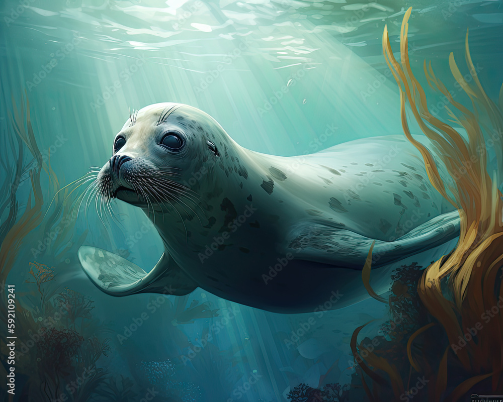 Fototapeta premium Underwater Dream: Realistic Seal Illustration in Oceanic Habitat