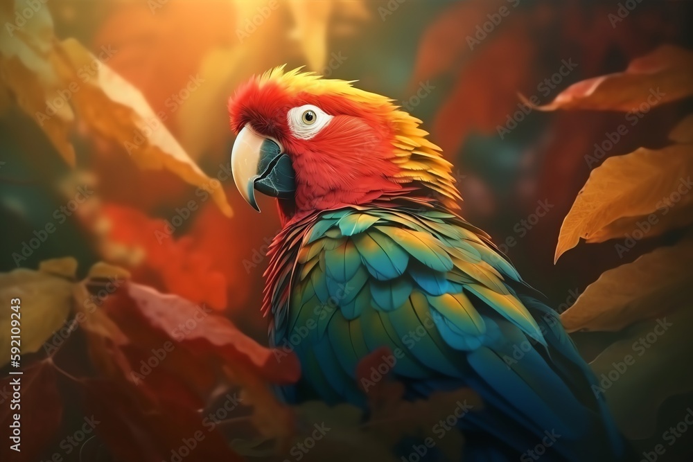 Fototapeta premium Colorful parrots in forest, generative ai
