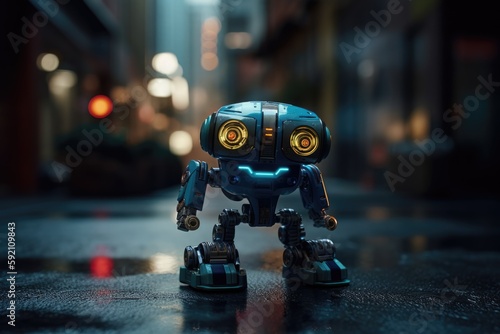 Cute little robot in the streets of the city
