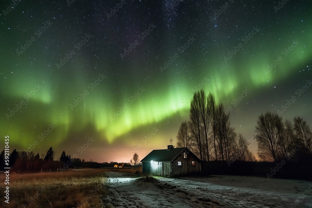 house in the forest with aurora over the night sky - obrazy, fototapety, plakaty 