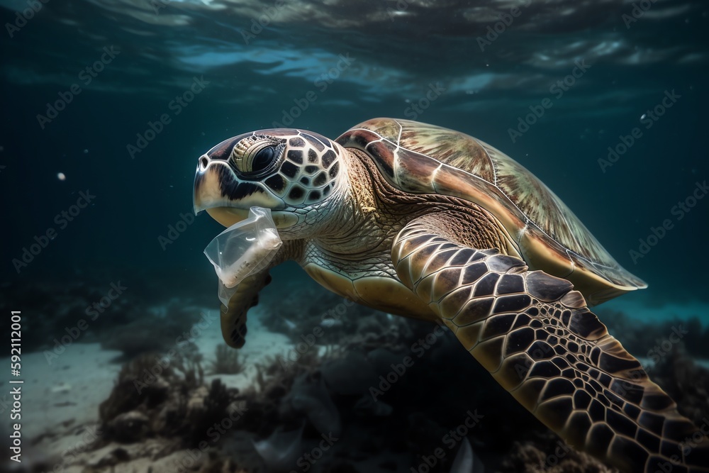 Fototapeta premium turtles eating plastic waste generative ai