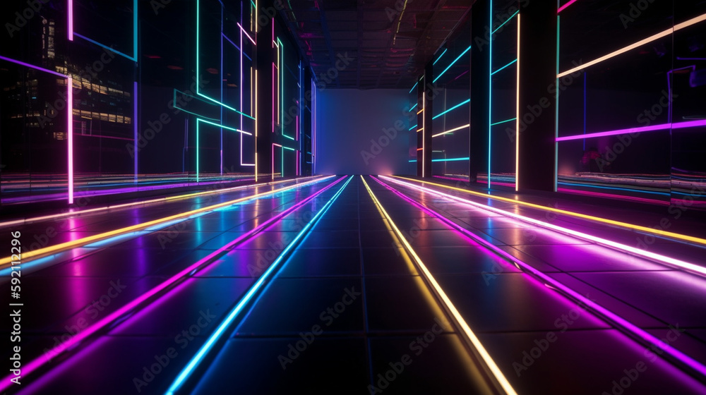 abstract color neon light footpath on a dark tunnel with a city in the background