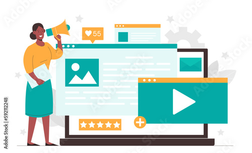 Platform SMM concept. Woman with loudspeaker standing near laptop with website pages. Promotion in social networks and instant messengers, marketing. Cartoon flat vector illustration