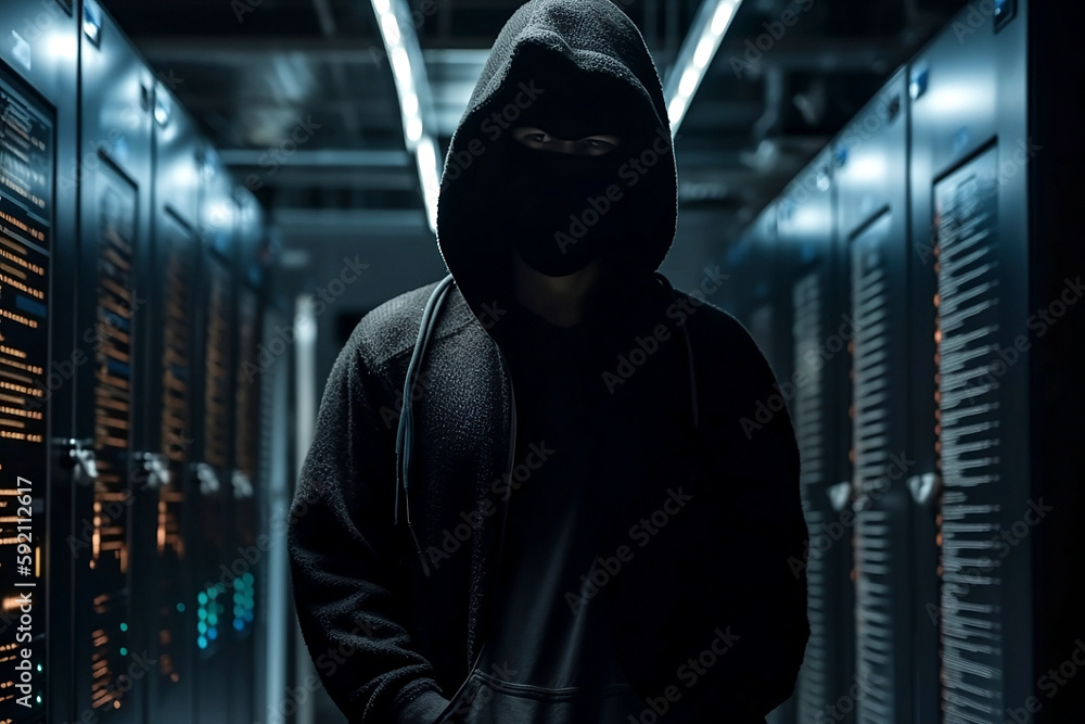 Dark hacker with hood and mask inside of data center - ai Dark hacker with hood and mask inside of data center - ai