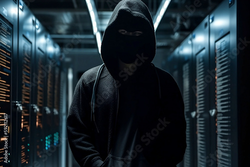 Dark hacker with hood and mask inside of data center - ai