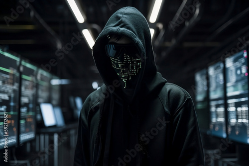 Dark hacker with hood and mask inside of data center - ai