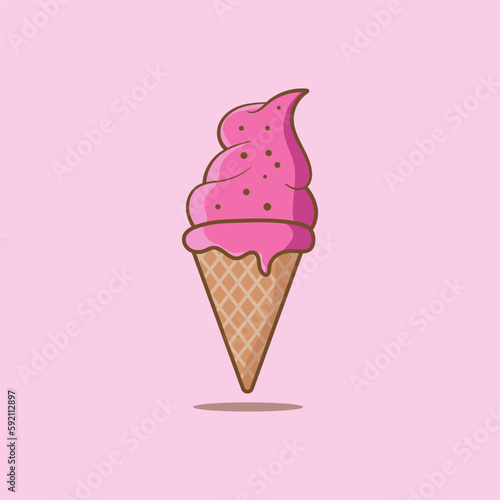melted ice cream icon, waffle cone. on a pink background. flat line icon, illustration style.