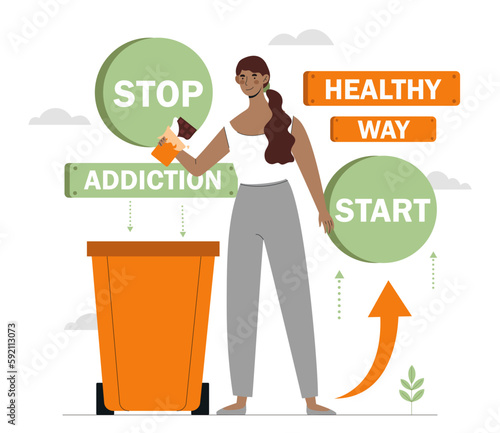 Rejection junk food concept. Woman with chocolate bar in hand stands near trashcan. Health care and diet and proper nutrition, avoiding sugar. Cartoon flat vector illustration