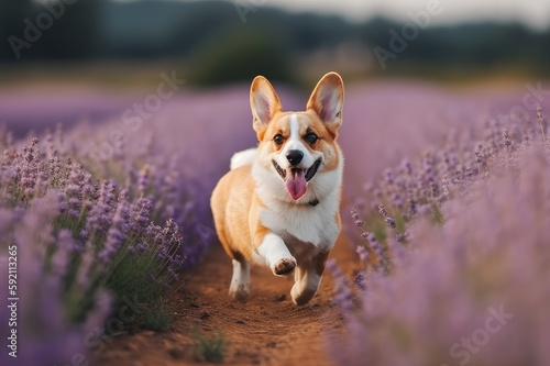 Fluffy corgi Pembroke puppy running in lavender field.  Created using generative AI tools.