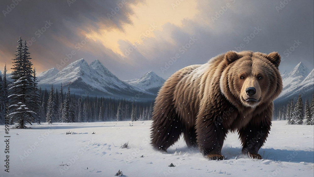 Digital drawing of a brown bear in winter, generative AI Digital drawing of a brown bear in winter, generative AI