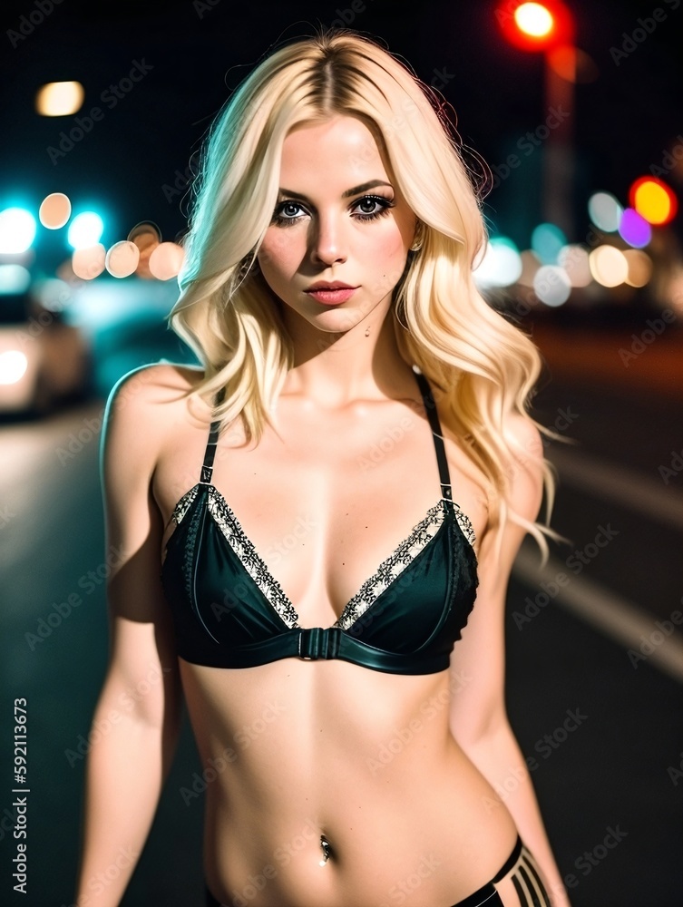 Naked woman in the street at night, generative AI Naked woman in the street at night, generative AI