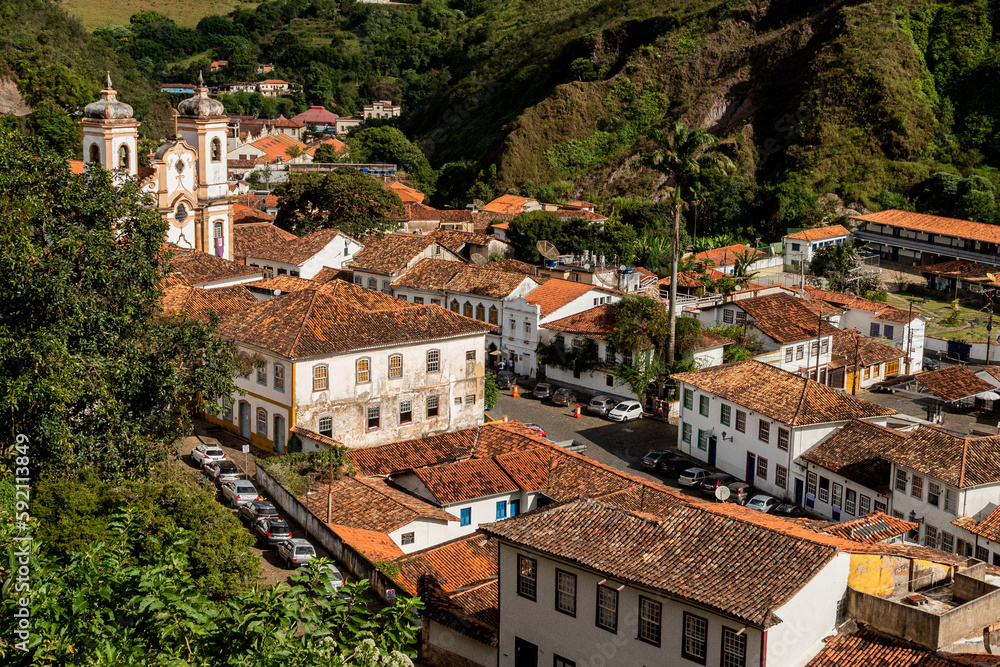 Ouro Preto, Minas Gerais, Brazil – April, 7, 2023. Typical baroque architecture of the historic city of Ouro Preto. Pilar Church and Rosario Church area.