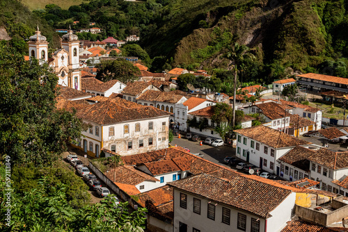 Ouro Preto, Minas Gerais, Brazil – April, 7, 2023. Typical baroque architecture of the historic city of Ouro Preto. Pilar Church and Rosario Church area.