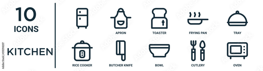 kitchen outline icon set includes thin line , toaster, tray, butcher ...