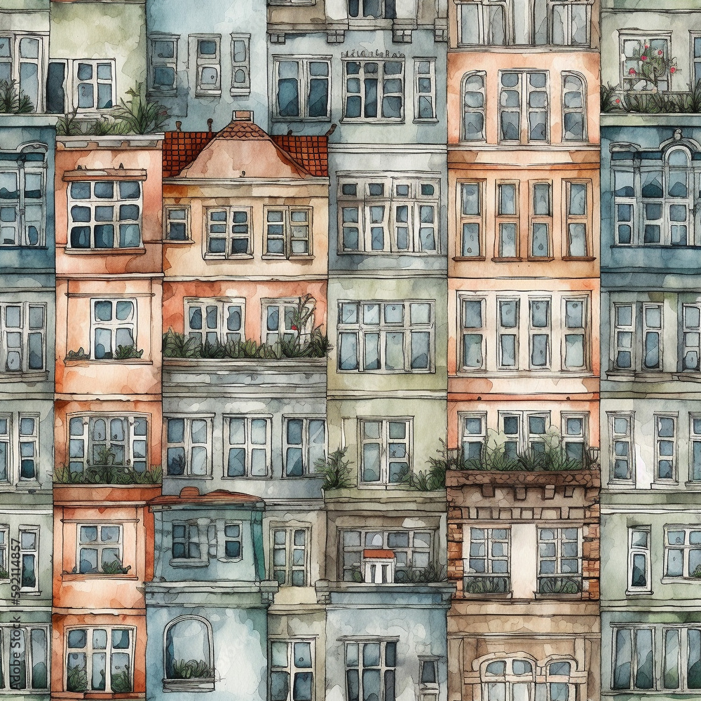 urban city windows - seamless pattern, watercolor art style, , generative ai urban city windows - seamless pattern, watercolor art style, , generative ai