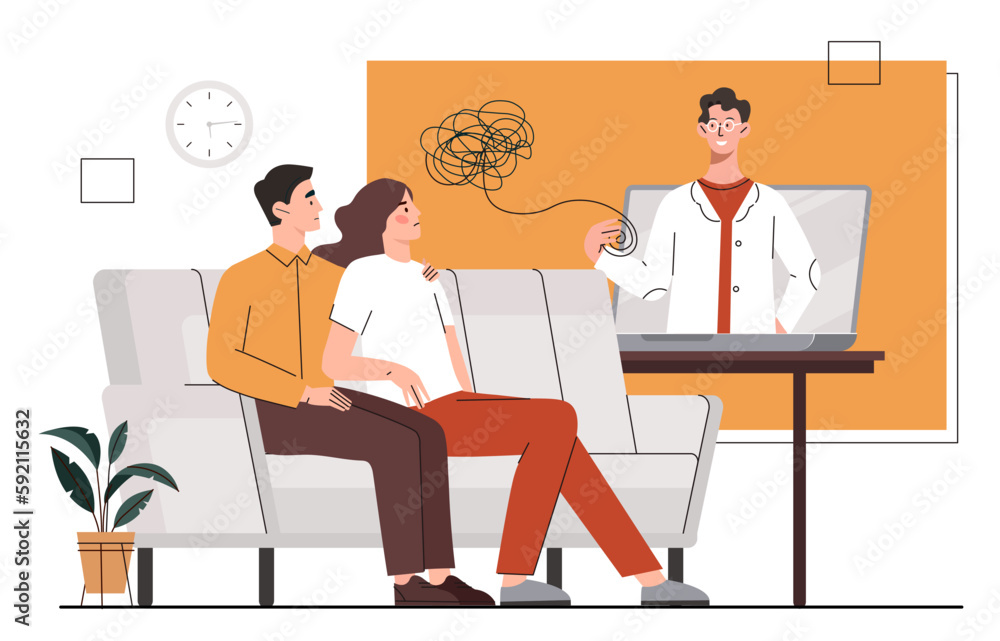 Psychologist and patients. Man in medical gown answers questions from man and woman. Family talking with specialist. Mental health and psychology. Cartoon flat vector illustration Psychologist and patients. Man in medical gown answers questions from man and woman. Family talking with specialist. Mental health and psychology. Cartoon flat vector illustration
