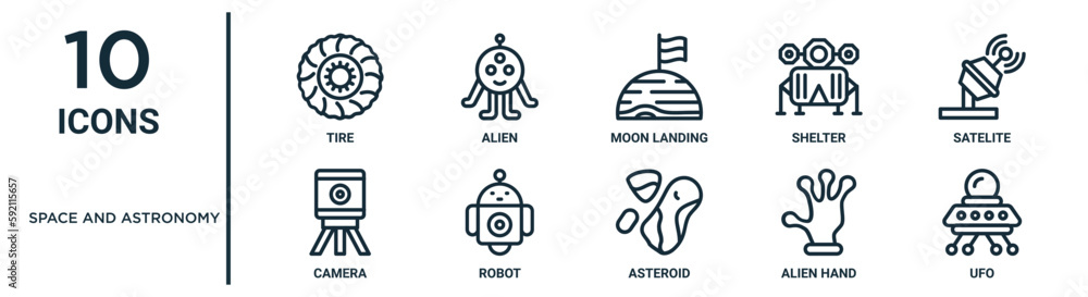 space and astronomy outline icon set includes thin line tire, moon ...