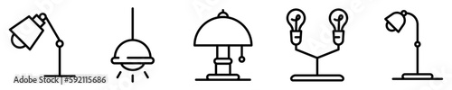 Conjunto de iconos de lámparas. Concepto de iluminación. Luz de bombilla, decoración para el hogar, oficina, estudio. Ilustración vectorial