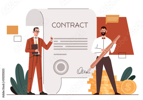 Signing contract concept. Men make deal, metaphor for successful negotiations. Insurance agent with client. Investor and entrepreneur with document. Cartoon flat vector illustration