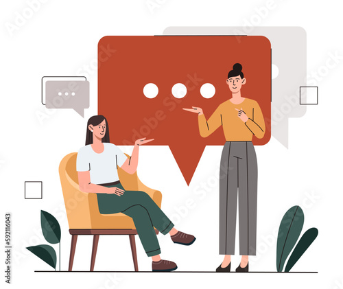 Women speak concept. Women communicate on background of speech bubble. Interaction of young girls. Girlfriends discuss rumors, gossips and news. Cartoon flat vector illustration