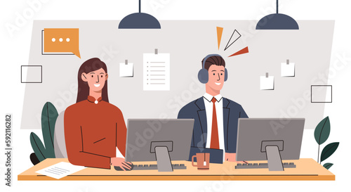 Concepts of telework. Man and woman sitting at computers in headphones. Support for customer service, feedback. Online global tech support. Cartoon flat vector illustration