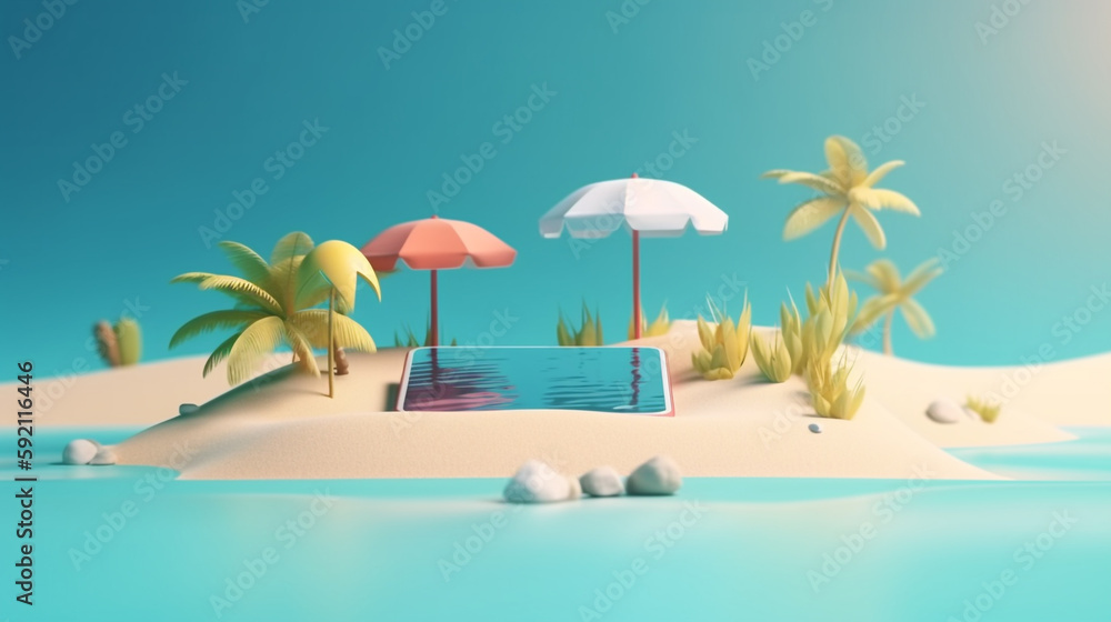 Palms and beach, Beach umbrella and Smart phone on sand. Travel and Summer vacation concept