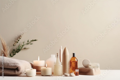 spa equipment and towels on table with floral background
