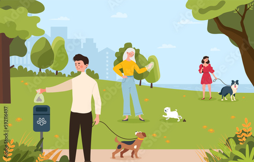 Clean up after dogs. Men and women with bags and puppies on leashes cleaning street. Owners walking with pets at city park outdoor. People cleaning up dogs excrements. Cartoon flat vector illustration