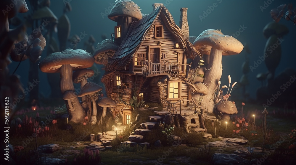 Magic forest village landscape with little houses. Flower and mushroom fantasy homes for gnomes