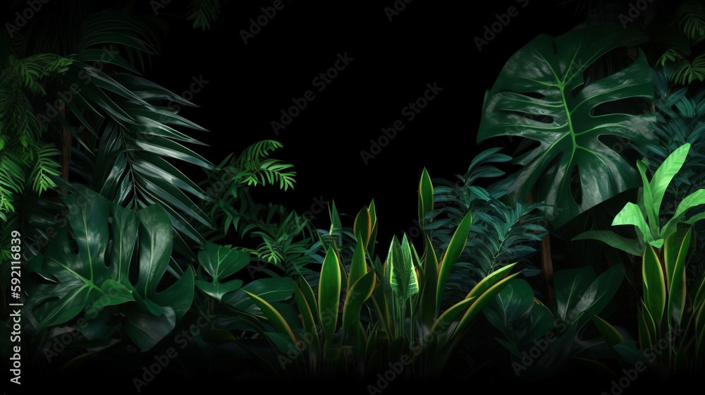 Tropical vintage botanical landscape palm tree border background. Exotic green jungle background