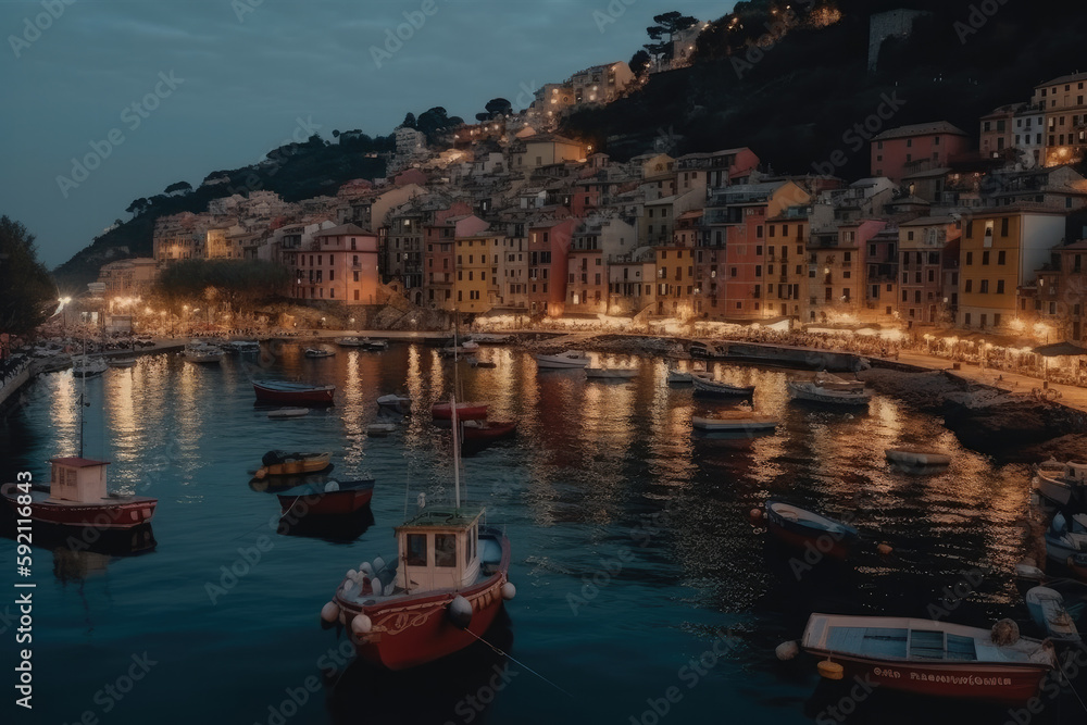 Fototapeta premium Mystic landscape of the harbor with colorful houses and the boats in Porto Venero, Italy, Liguria in the evening in the light of lanterns created with Generative AI technology