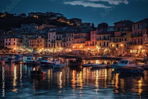 Mystic landscape of the harbor with colorful houses and the boats in Porto Venero  Italy  Liguria in the evening in the light of lanterns created with Generative AI technology