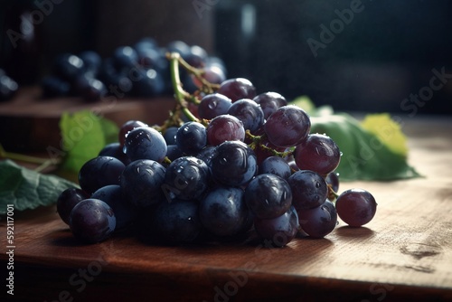 bunch of black grapes with leaf on the table