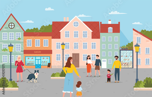 People strolling around. Urban landscape and panorama. Men and women with children on street near houses and bakery.