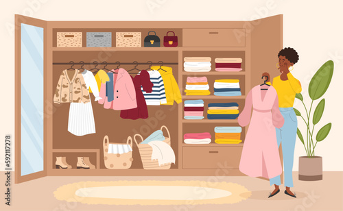 Tidy wardrobe concept. Woman with pink dress in her hands stands near closet. Fashion, trend and style. Young girl chooses clothes and shoes, makes decision. Cartoon flat vector illustration