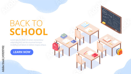 Back to school banner. Desks with supplies at classroom near chalkboard. Education and training. School or university. Kids backpacks, textbooks and notebooks. Cartoon isometric vector illustration