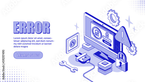 Error banner concept. Computer monitor with error. Incorrect link and program or application code, page 404. Technical support. Landing page design. Cartoon isometric vector illustration