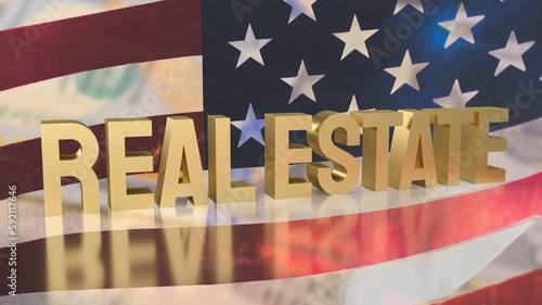The gold text real estate on Usa flag for business concept 3d rendering