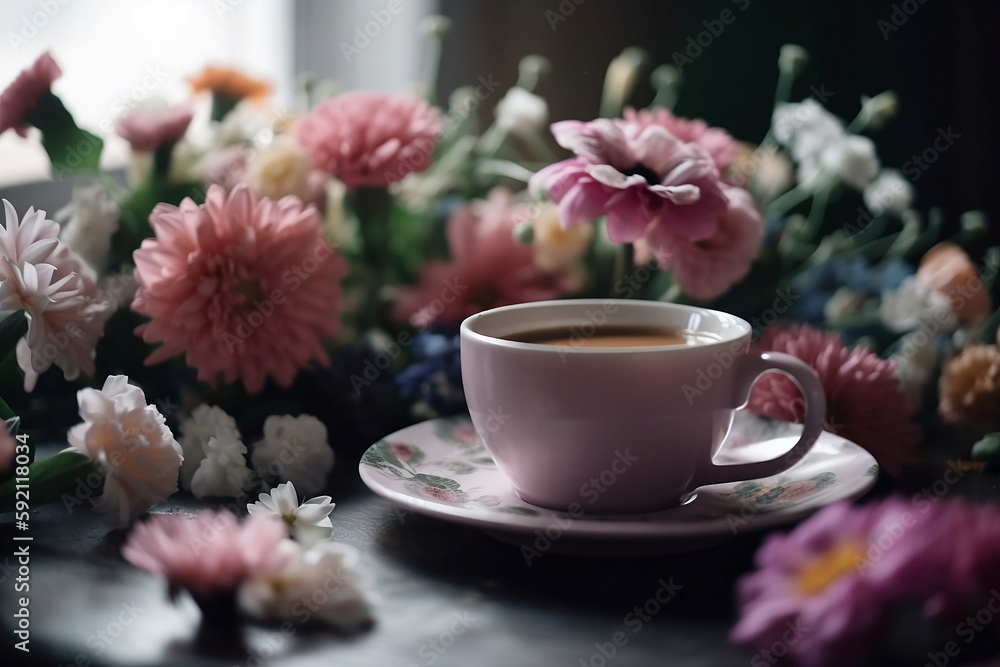 cup of a coffee on a table with flowers - ai cup of a coffee on a table with flowers - ai