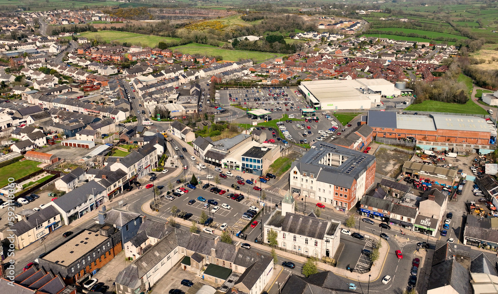 Aerial view of Ballyclare Town Centre Square Co Antrim Northern Ireland