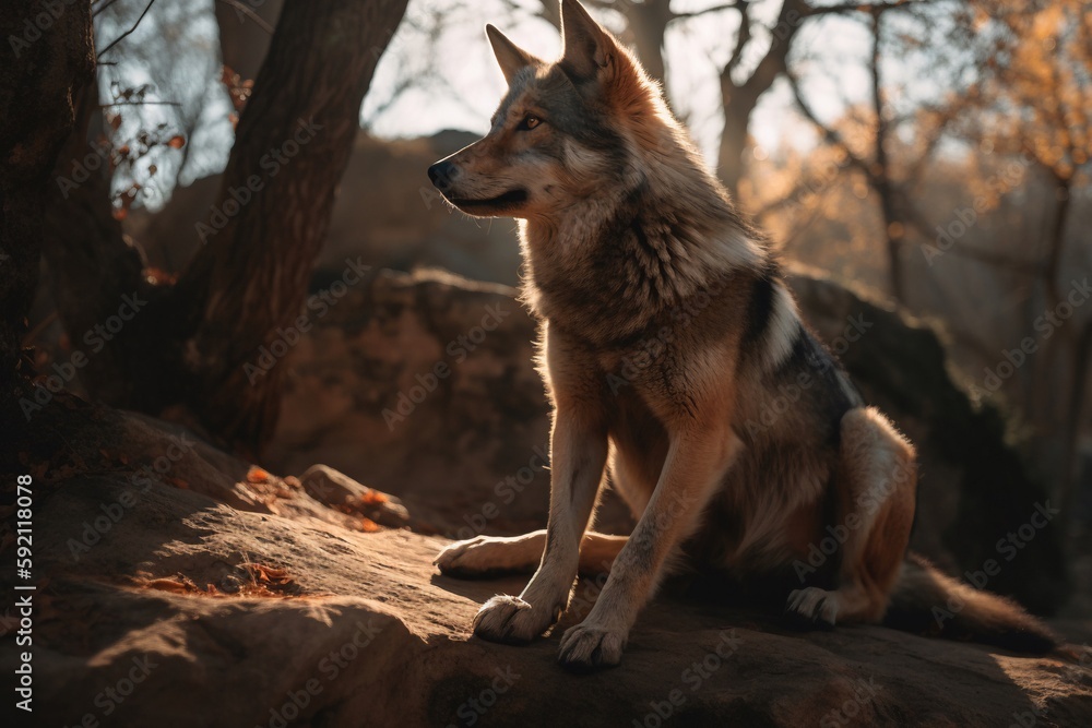 Obraz premium wolf above on stone in the forest